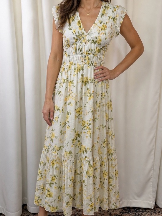 Joie Dresses & Skirts - Joie Smocked Yellow Floral V-Neck Midi Dress with Ruffle Cap Sleeves Size Small